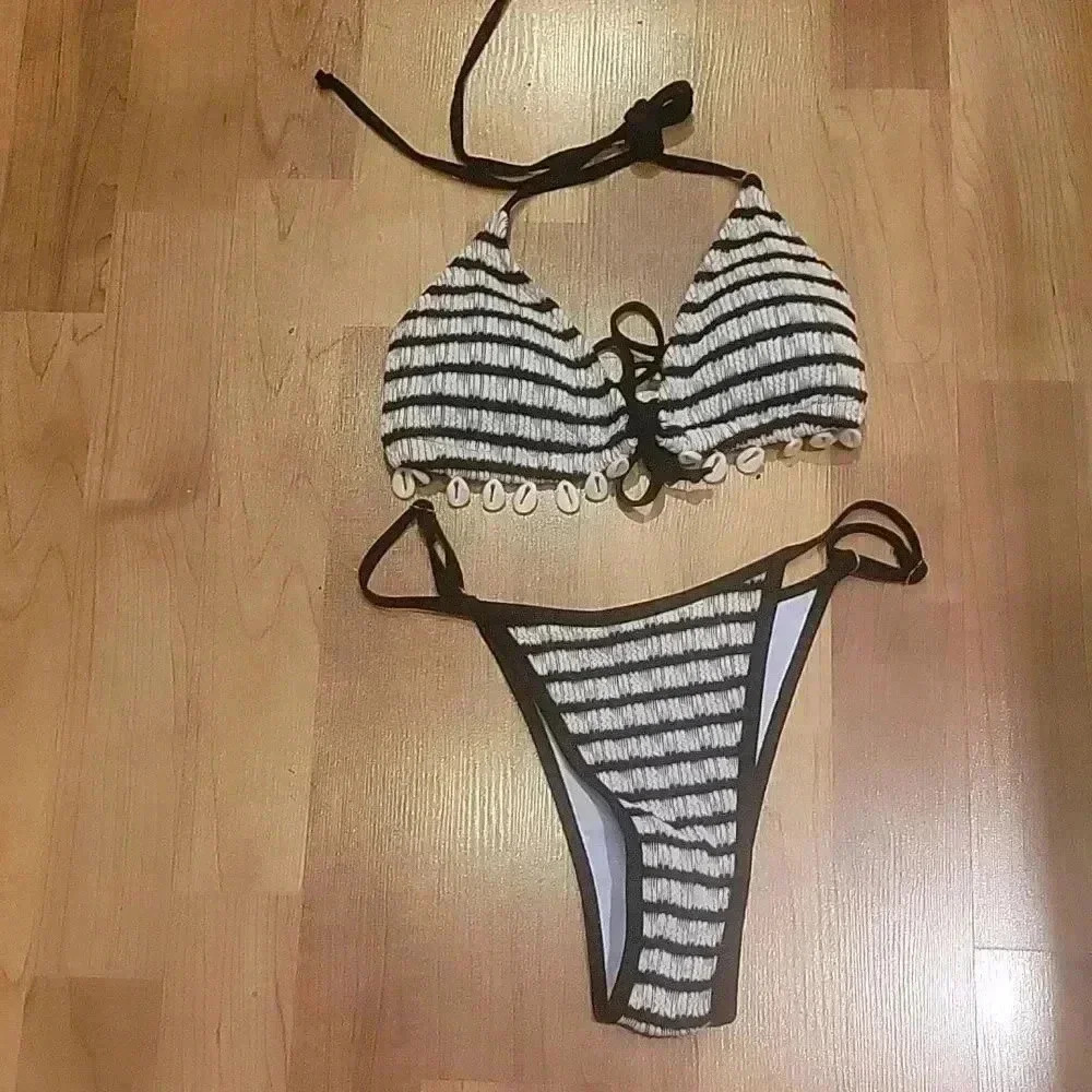Shein Swimsuit 2-PC String Bikini Top + Bottom Stripes Print Cowrie Shells …